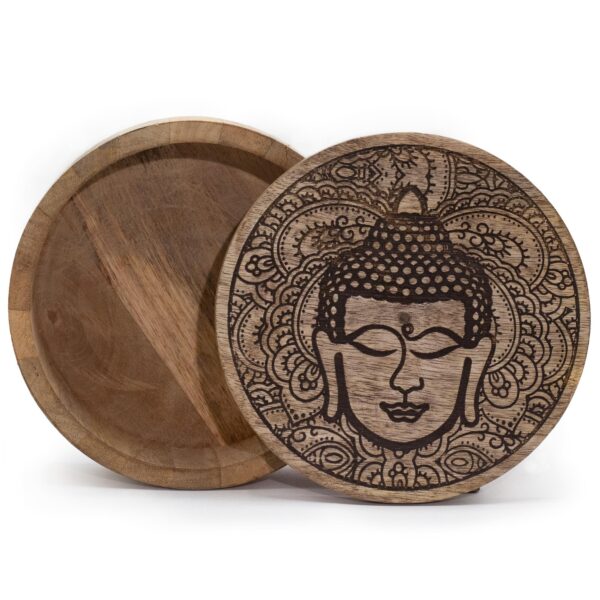 Cutie din lemn de mango 17.5x7.5cm -Fața Buddha Gravată Neagră