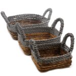 Coș Pătrat din Frunze de Banană și Rafie Gri - Set 3 piese