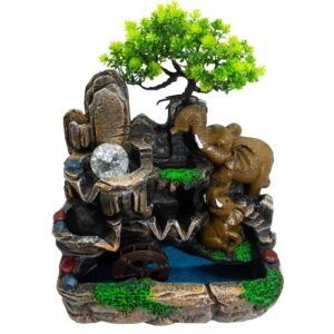 Fântână Arteziană de Masă – 30×20×35 cm – Elefanți Îndrăgostiți, Glob de Cristal, Lumină și Roată de Apă