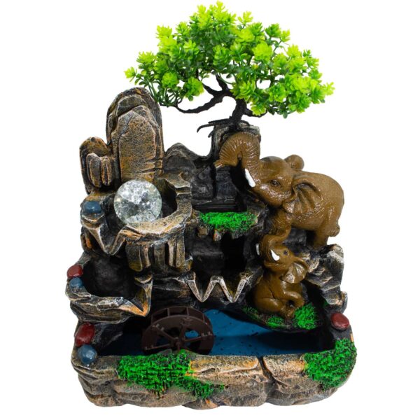 Fântână Arteziană de Masă – 30×20×35 cm – Elefanți Îndrăgostiți, Glob de Cristal, Lumină și Roată de Apă