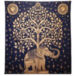 Cuvertură Dublă din Bumbac + Tapiserie de Perete - Elefant și Copac - Albastru cu Detalii Aurii