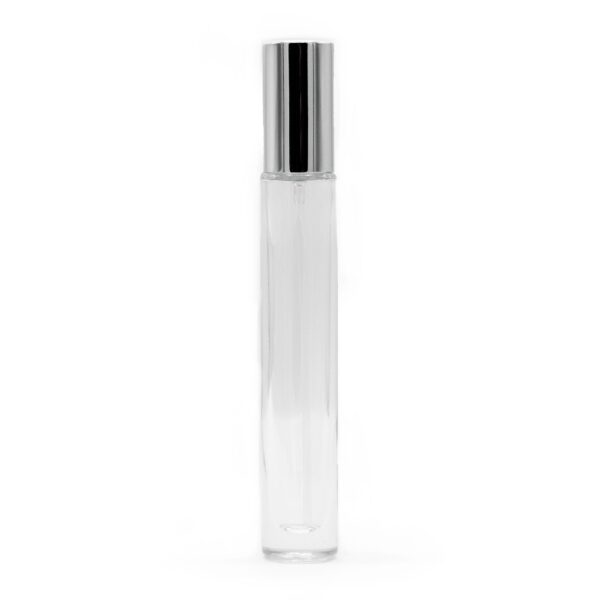 Flacon Rotund, Înalt, Îngust de 10 ml cu Pulverizator și Capac Argintiu