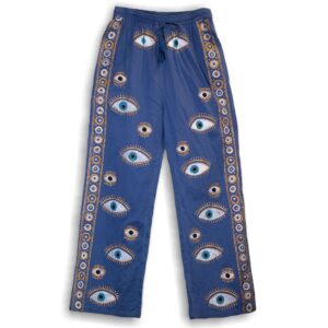 (M/L) Pantaloni Lejeri - Albastru Închis și Auriu cu Design Ochiul Rău Pictați Manual