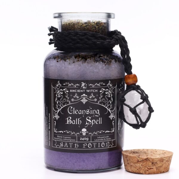 Sticlă cu sare de baie Ancient Witch pentru purificare cu pandantiv din cristal de stâncă