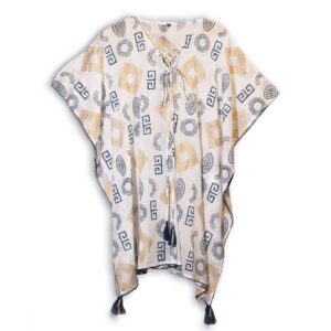 Kaftan - Auriu și Albastru cu Motiv Grecesc - Pictat Manual
