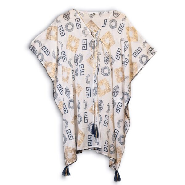 Kaftan - Auriu și Albastru cu Motiv Grecesc - Pictat Manual