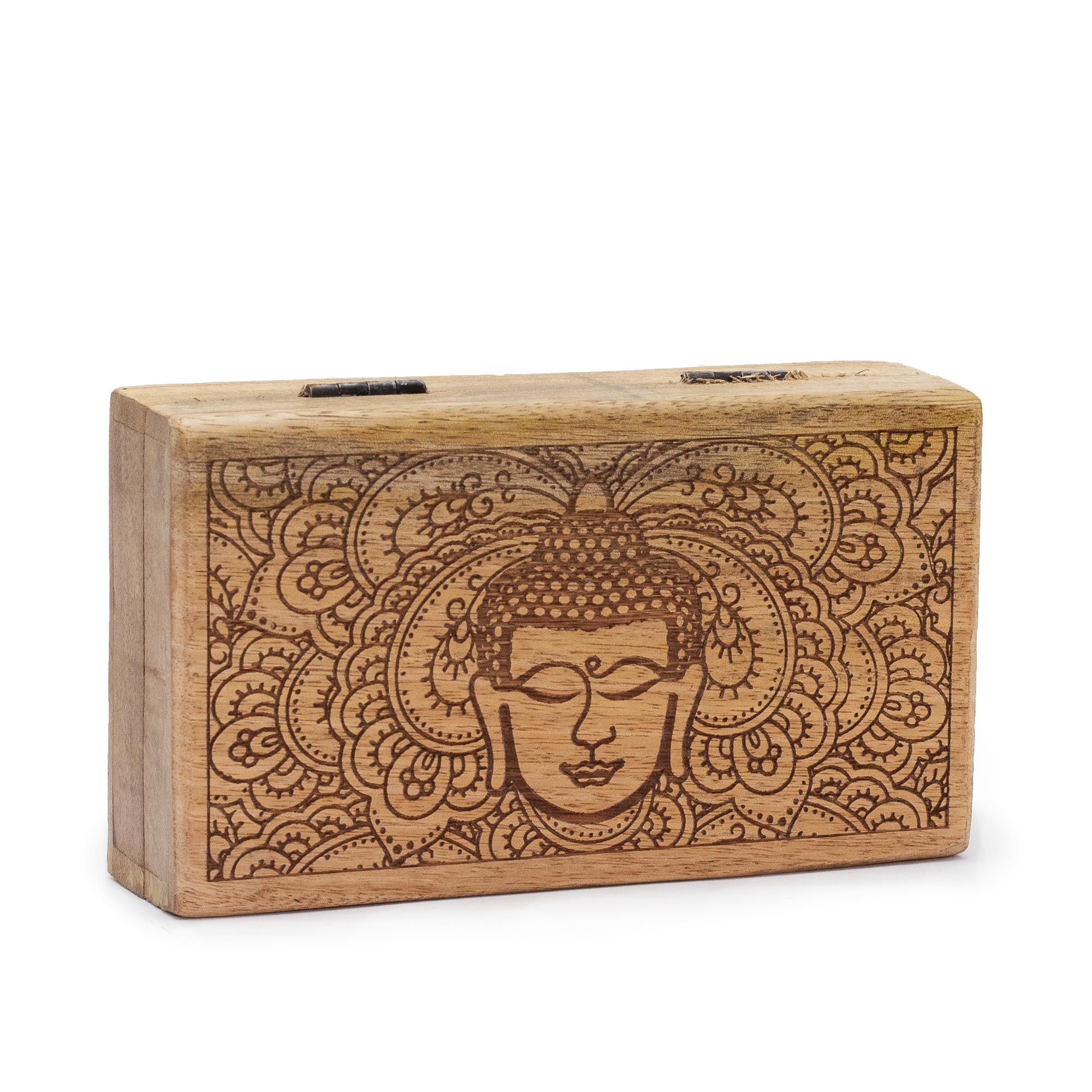 Cutie din lemn de mango pătrată 17x10x4.2cm - Fața Buddha Gravată Neagră