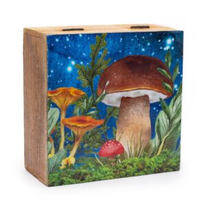 Cutie din lemn de mango 15x17.5x8 cm - Motiv Ciupercă - Verde-Albastru