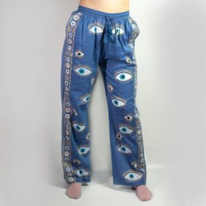 (L/XL) Pantaloni Lejeri - Albastru Închis și Auriu cu Design Ochiul Rău Vopsit Manual
