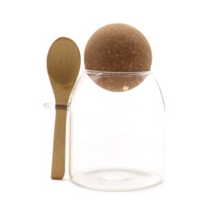 Borcan rustic din sticlă cu capac din plută și linguriță– 10 cm