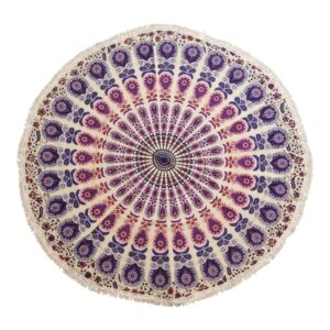 Artă Rotundă Mică Mandala din Bumbac (130cm) – Păun în Nuanțe de Violet