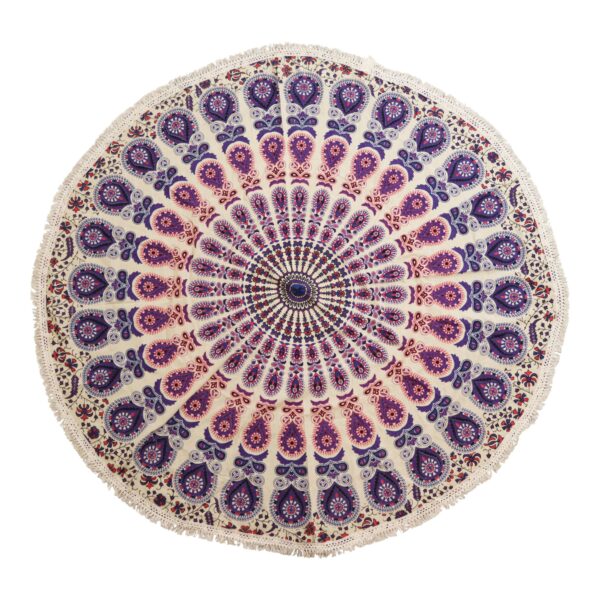 Artă Rotundă Mică Mandala din Bumbac (130cm) – Păun în Nuanțe de Violet
