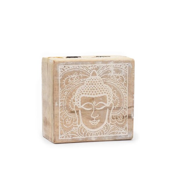 Cutie din lemn de mango 10x10x4.2cm - Fața Buddha Albă