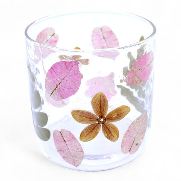 Suport de Lumânare din Sticlă Naturală cu Motiv Floral – Primavera – Drept – (8x8 cm)