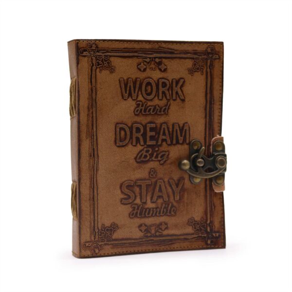 Agendă din Piele - Hârtie Simplă - „Lucrează și Visează Măreț” (18x13cm) - Tan deschis