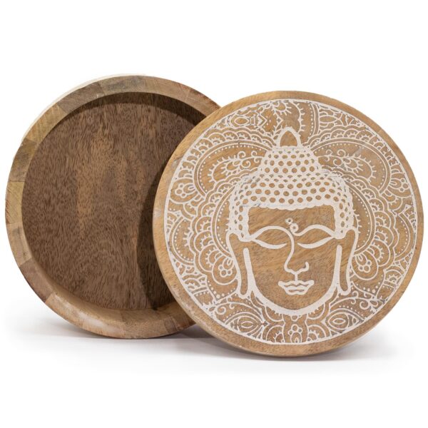 Cutie din lemn de mango 17.5x7.5cm - Fața Buddha Albă
