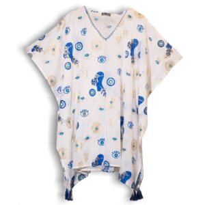 Kaftan - Alb, Albastru și Auriu cu Design Ochiul Rău