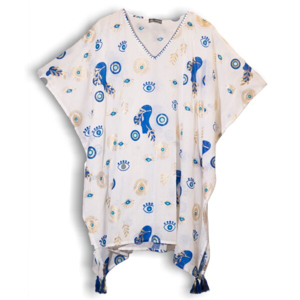 Kaftan - Alb, Albastru și Auriu cu Design Ochiul Rău