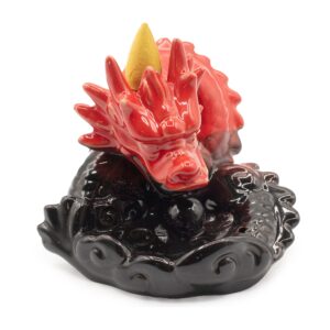 Un arzător ceramic mic pentru tămâie înfățișând un cap de dragon roșu strălucitor așezat pe o bază decorativă neagră lucioasă.