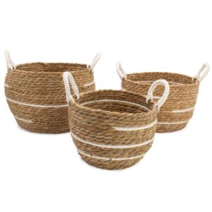 Coșuri mari din bumbac și iarbă de mare - Dungi Naturale - Set de 3 (32.5cm 29.5cm 24cm)