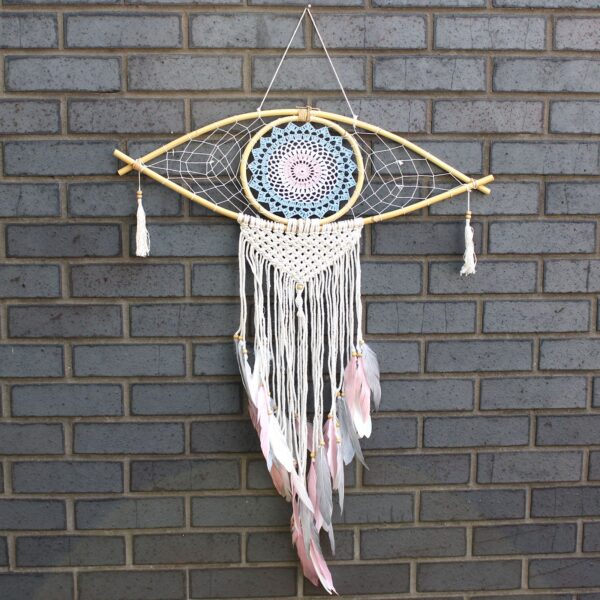 Dream Catcher (Prinzător de Vise) Protector - Ochi Mare Macrame - Albastru / Alb / Roz
