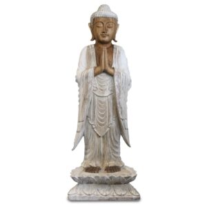 Buddha Sculptat Manual - 100 cm Bun Venit - Alb Spălat
