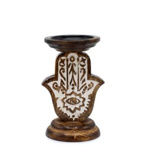 Suport pentru Lumânare din Lemn de Mango - Hamsa - Mic 18x11cm