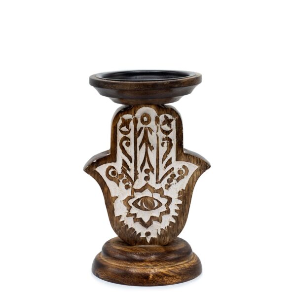 Suport pentru Lumânare din Lemn de Mango - Hamsa - Mic 18x11cm