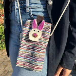 Geantă pentru Telefon cu Dungi Roz - Decor cu Iepuraș