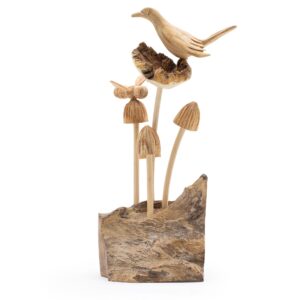 Sculptură Decorativă Handmade din Lemn Parasit – Pasăre și albină pe ciuperci