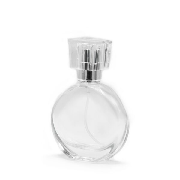 Flacon Oval de 30 ml cu Pulverizator Argintiu și Capac de Cristal