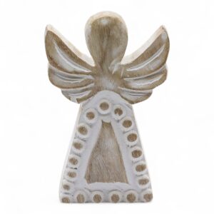 Înger din Lemn de Mango – Alb Vintage – 13 cm
