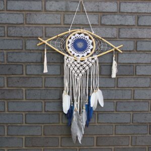 Dream Catcher (Prinzător de Vise) Protector - Ochi Mediu Macrame Alb / Albastru / Gri