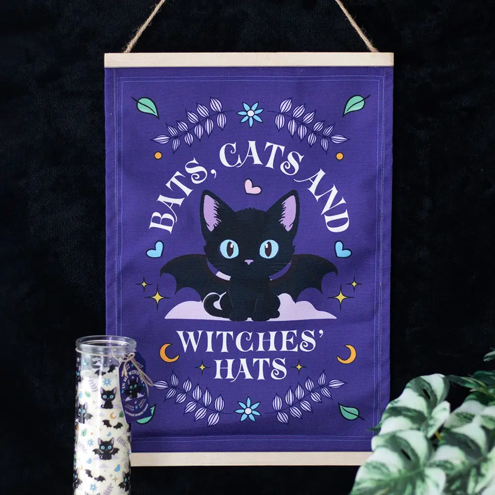 Decorațiune textilă de perete cu lilieci, pisici și vrăjitoare pentru Halloween