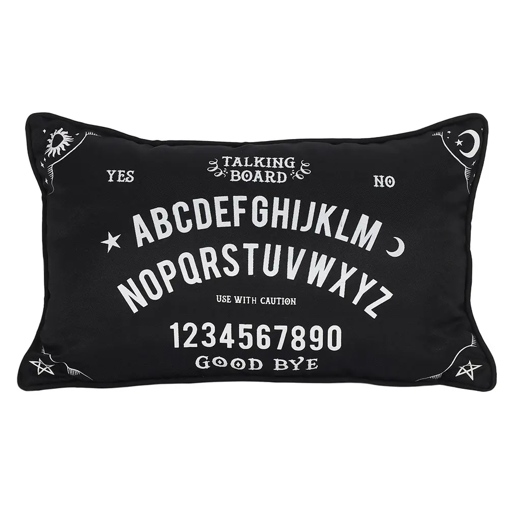 Pernă decorativă dreptunghiulară neagră cu design de tablă ouija pentru Halloween