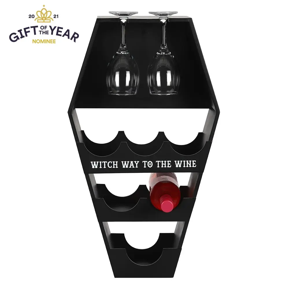 Raft de perete pentru vin în formă de sicriu cu mesaj tematic pentru Halloween
