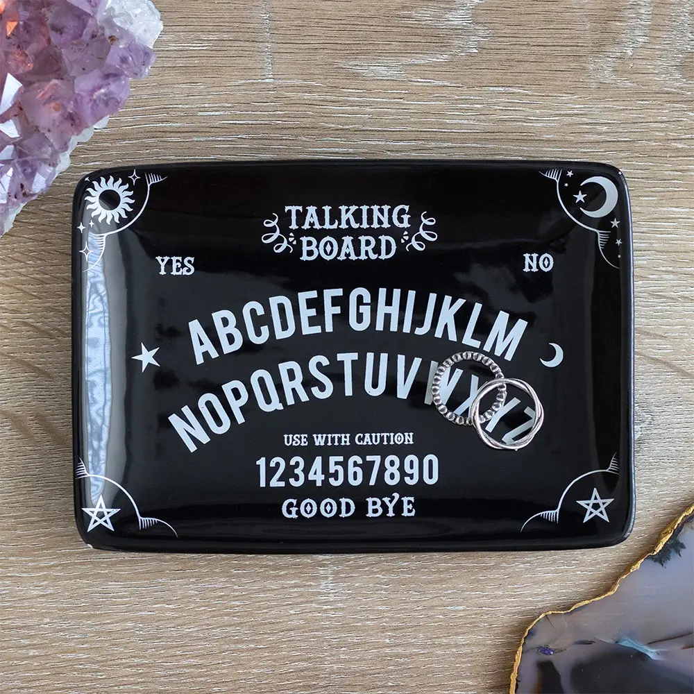 Bol decorativ negru din ceramică pentru bijuterii în stil tablă ouija pentru Halloween