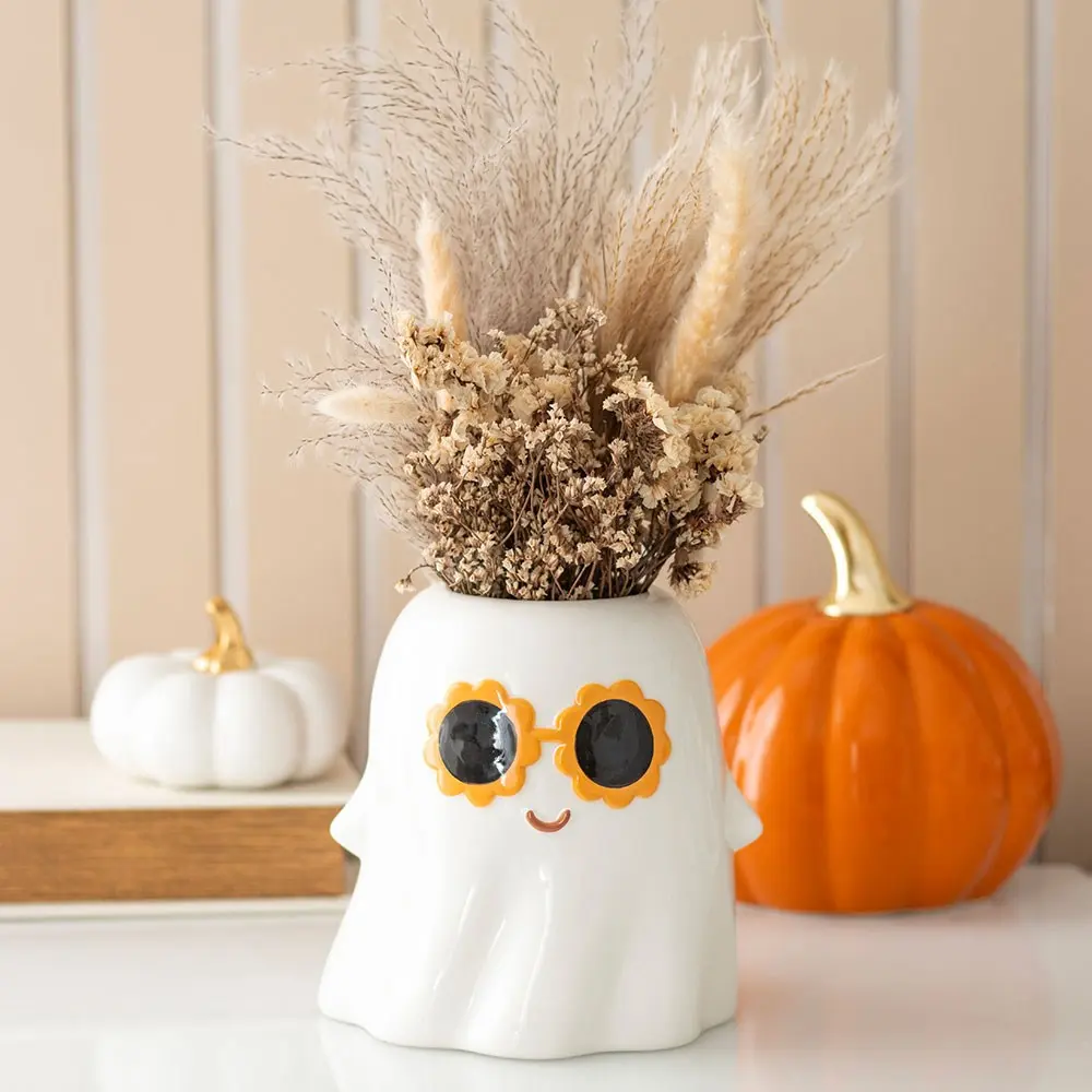 GR_74025 Vază decorativă din ceramică în formă de fantomă cu ochelari de soare pentru Halloween