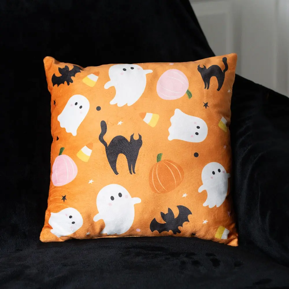 Pernă decorativă pătrată cu imprimeu drăguț și înspăimântător cu fantome pentru Halloween