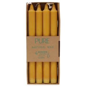 Set de 4 lumânări de masă galbene din ceară naturală, 25 cm