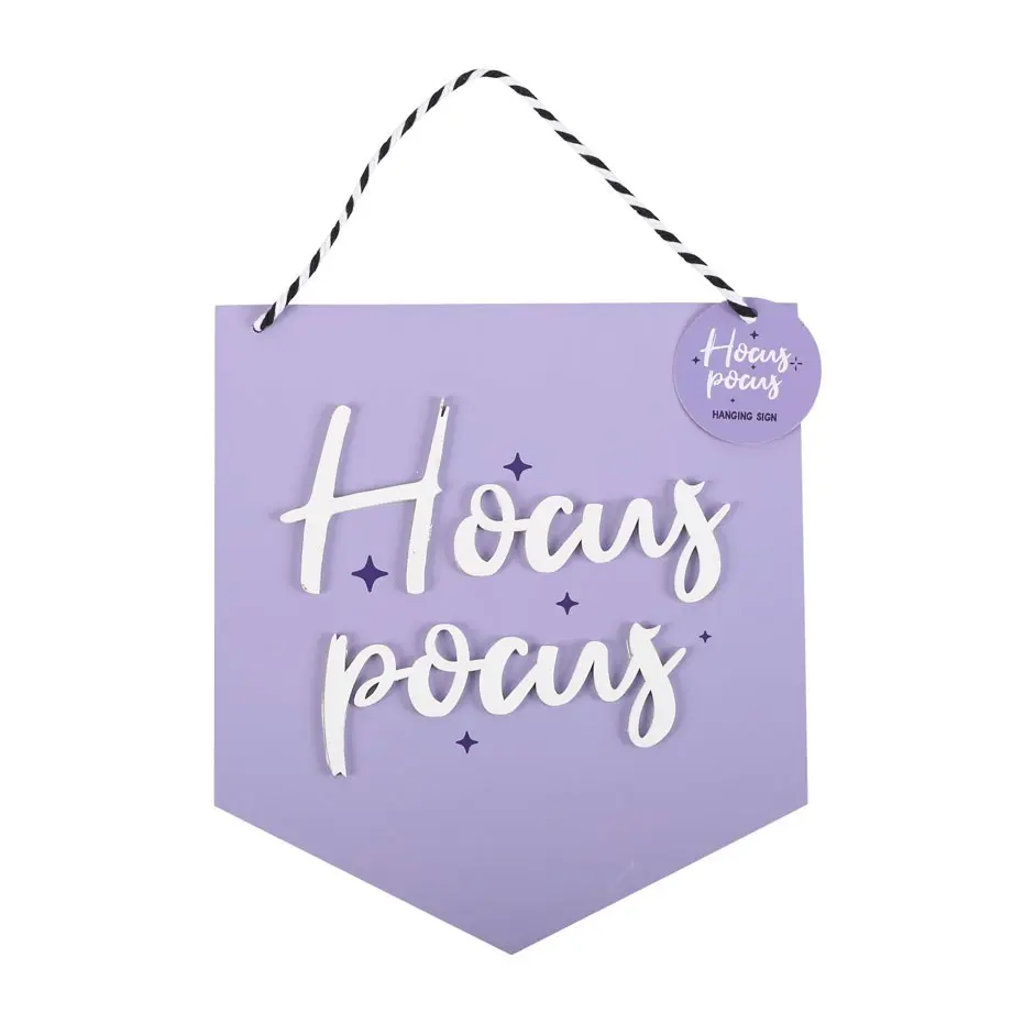 Plăcuță decorativă de perete mov cu mesaj hocus pocus pentru Halloween