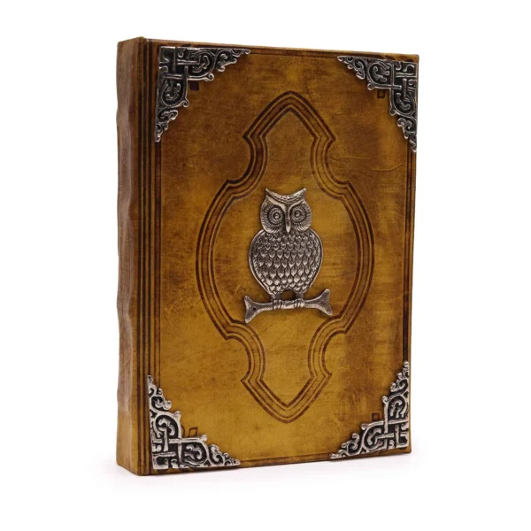 Agendă de Piele Groasă Cafeniu - Bufniță Decor Zinc - 200 pagini cu Chenar Decorativ - 26 x 18 cm