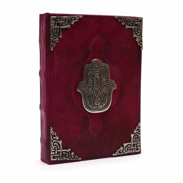 Agendă de Piele Groasă Roșu - Hamsa Decor Zinc - 200 pagini cu Chenar Decorativ - 26 x 18 cm