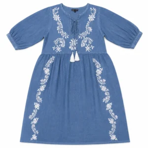 (L-XL) Nomad Sari Din Colecția Med - Rochie - Albastru închis cu broderie și ciucuri