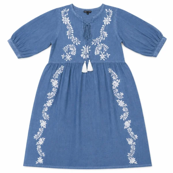 (L-XL) Nomad Sari Din Colecția Med - Rochie - Albastru închis cu broderie și ciucuri