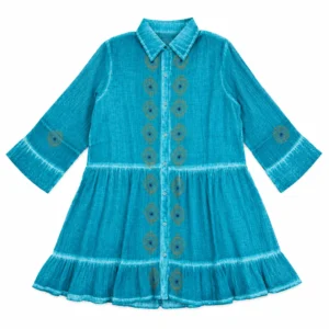 (M-L) Nomad Sari din colecția On the Med - Rochie tunică - Turcoaz cu print în bloc cu ochiul rău
