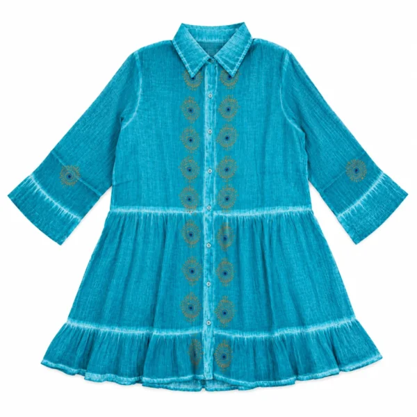 (M-L) Nomad Sari din colecția On the Med - Rochie tunică - Turcoaz cu print în bloc cu ochiul rău