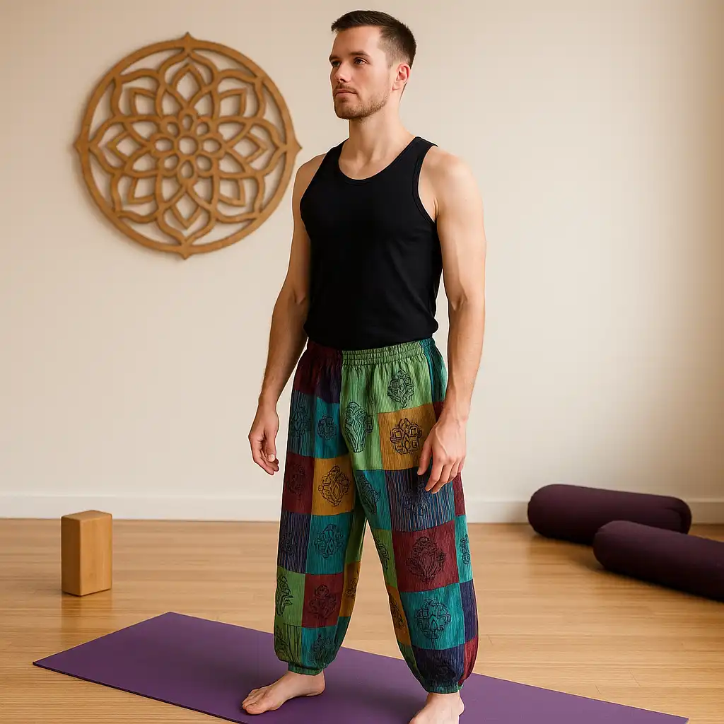 Nomad Sari - Pantaloni cu Motiv de Ciupercă - Design Block Print - Tonuri de Verde L/XL