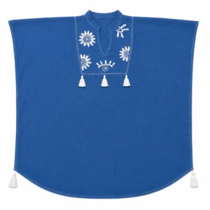 Nomad Sari din Colecția Med - Kaftan - Albastru cu broderie cremă și ciucuri