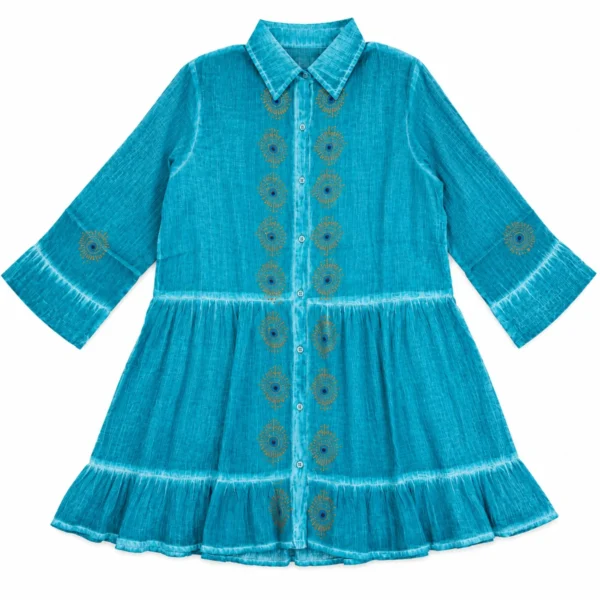 bG9jYWw6Ly9tZWRpYS85TS9FQy82MFIzMEMxSjZDVEtFQzlNLzJlYzkxMTMwLmpwZw (L-XL) Nomad Sari On the Med Collection - Rochie tunică - Turcoaz cu imprimeu bloc cu ochi de rău